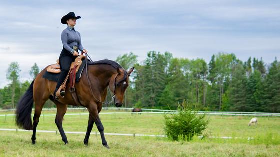 Female student riding a horse over a jump